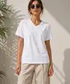 Kadın V Yaka Basic Tişört Kısa Kol Yazlık Regular Fit T-Shirt - Beyaz