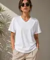 Kadın V Yaka Basic Tişört Kısa Kol Yazlık Regular Fit T-Shirt - Beyaz