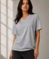 Kadın V Yaka Basic Tişört Kısa Kol Yazlık Regular Fit T-Shirt - Gri
