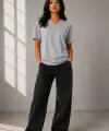 Kadın V Yaka Basic Tişört Kısa Kol Yazlık Regular Fit T-Shirt - Gri