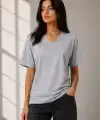 Kadın V Yaka Basic Tişört Kısa Kol Yazlık Regular Fit T-Shirt - Gri