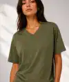 Kadın V Yaka Basic Tişört Kısa Kol Yazlık Regular Fit T-Shirt - Haki
