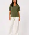 Kadın V Yaka Basic Tişört Kısa Kol Yazlık Regular Fit T-Shirt - Haki