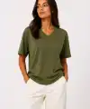 Kadın V Yaka Basic Tişört Kısa Kol Yazlık Regular Fit T-Shirt - Haki