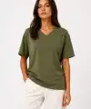 Kadın V Yaka Basic Tişört Kısa Kol Yazlık Regular Fit T-Shirt - Haki