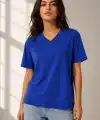 Kadın V Yaka Basic Tişört Kısa Kol Yazlık Regular Fit T-Shirt - Saks Mavisi