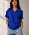 Kadın V Yaka Basic Tişört Kısa Kol Yazlık Regular Fit T-Shirt - Saks Mavisi