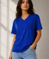 Kadın V Yaka Basic Tişört Kısa Kol Yazlık Regular Fit T-Shirt - Saks Mavisi