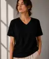 Kadın V Yaka Basic Tişört Kısa Kol Yazlık Regular Fit T-Shirt - Siyah