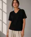Kadın V Yaka Basic Tişört Kısa Kol Yazlık Regular Fit T-Shirt - Siyah