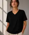 Kadın V Yaka Basic Tişört Kısa Kol Yazlık Regular Fit T-Shirt - Siyah