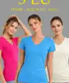 Kadın V Yaka Tişört Kısa Kol Slim Fit T-shirt 3lü Set Pembe-Açık Mavi-Ekru