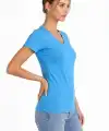 Kadın V Yaka Tişört Kısa Kol Slim Fit T-shirt 3lü Set Pembe-Açık Mavi-Ekru