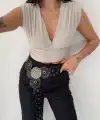 Kadın Vatkalı Kolsuz V Yaka Drapeli Crop Bluz Likralı Fit - Boyalı Gri