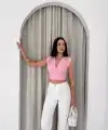 Kadın Vatkalı Kolsuz V Yaka Drapeli Crop Bluz Likralı Fit - Pembe