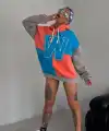 Kadın W Nakış İşlemeli Kapüşonlu 3 iplik pamuklu Parçalı Sweatshirt Hoodie - Mavi