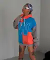 Kadın W Nakış İşlemeli Kapüşonlu 3 iplik pamuklu Parçalı Sweatshirt Hoodie - Mavi