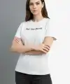 Kadın Wafıl Kumaş Tişört Regular Kalıp Bisiklet Yaka Baskılı T-Shirt - Beyaz