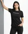 Kadın Wafıl Kumaş Tişört Regular Kalıp Bisiklet Yaka Baskılı T-Shirt - Siyah