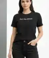 Kadın Wafıl Kumaş Tişört Regular Kalıp Bisiklet Yaka Baskılı T-Shirt - Siyah