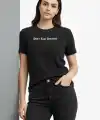 Kadın Wafıl Kumaş Tişört Regular Kalıp Bisiklet Yaka Baskılı T-Shirt - Siyah