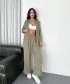 Kadın Yakalı Düğmeli Uzun Kollu Gömlek Pantolon ikili Takım - Bej
