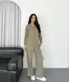 Kadın Yakalı Düğmeli Uzun Kollu Gömlek Pantolon ikili Takım - Bej