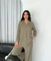 Kadın Yakalı Düğmeli Uzun Kollu Gömlek Pantolon ikili Takım - Bej