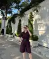 Kadın Yakalı Gömlek Kemerli Şortlu Alt-Üst Takım - Bordo