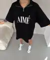 Kadın Yarım Fermuarlı Tişört Baskılı T-Shirt - Siyah