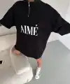 Kadın Yarım Fermuarlı Tişört Baskılı T-Shirt - Siyah