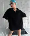 Kadın Yarım Fermuarlı Tişört Düz Oversize T-Shirt - Siyah
