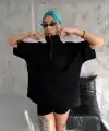 Kadın Yarım Fermuarlı Tişört Düz Oversize T-Shirt - Siyah