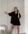 Kadın Yarım Fermuarlı Tişört Düz Oversize T-Shirt - Siyah