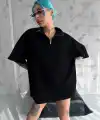 Kadın Yarım Fermuarlı Tişört Kısa kol T-Shirt - Siyah