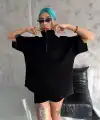 Kadın Yarım Fermuarlı Tişört Kısa kol T-Shirt - Siyah