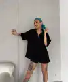 Kadın Yarım Fermuarlı Tişört Kısa kol T-Shirt - Siyah
