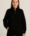 KADIN Yarım Fermuarlı Triko Kazak Selanik Örgü Dik Yaka Pamuklu Dokuma Oversize - Siyah