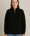 KADIN Yarım Fermuarlı Triko Kazak Selanik Örgü Dik Yaka Pamuklu Dokuma Oversize - Siyah