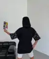 Kadın Yıldırım şimşek Baskılı T-Shirt Kısa Kol Bisiklet Yaka Oversize Tişört - Siyah