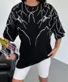 Kadın Yıldırım şimşek Baskılı T-Shirt Kısa Kol Bisiklet Yaka Oversize Tişört - Siyah