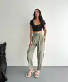Kadın Yüksel Bel Beli Bağcıklı Cepli Rahat Paça Pantalon - Su Yeşili