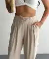 Kadın Yüksel Bel Beli Bağcıklı Rahat Boru Paça Pantalon - Kırık Beyaz