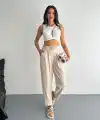 Kadın Yüksel Bel Beli Bağcıklı Rahat Boru Paça Pantolon - Kırık Beyaz
