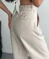 Kadın Yüksel Bel Beli Bağcıklı Rahat Boru Paça Pantolon - Kırık Beyaz