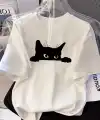 Kadınlar için Siyah Kedi Grafik Tişört - Oversize Kısa Kollu Üst Nefes Alabilir - Beyaz