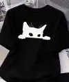 Kadınlar için Siyah Kedi Grafik Tişört - Oversize Kısa Kollu Üst Nefes Alabilir - Siyah