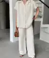 Keten Kısa Kollu Cepli Gömlek Pantolon ikili Takım - Beyaz
