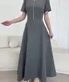 Kısa Kollu Önden Fermuarlı Çan Etekli Uzun Elbise - Antrasit