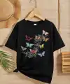 Kız Çocuk Bisiklet Yaka Baskılı T-Shirt - Siyah